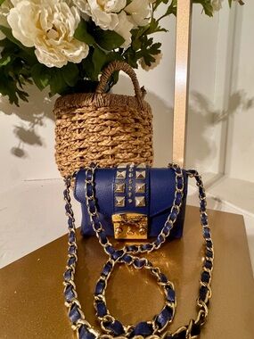 Mario Valentino Navy Blue Mini Shoulder Bag with Gold Hardware